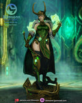 Sculptor's render of the painted design (kit ships unpainted): straight front view of the horned sorceress with her sceptre on the round gold base