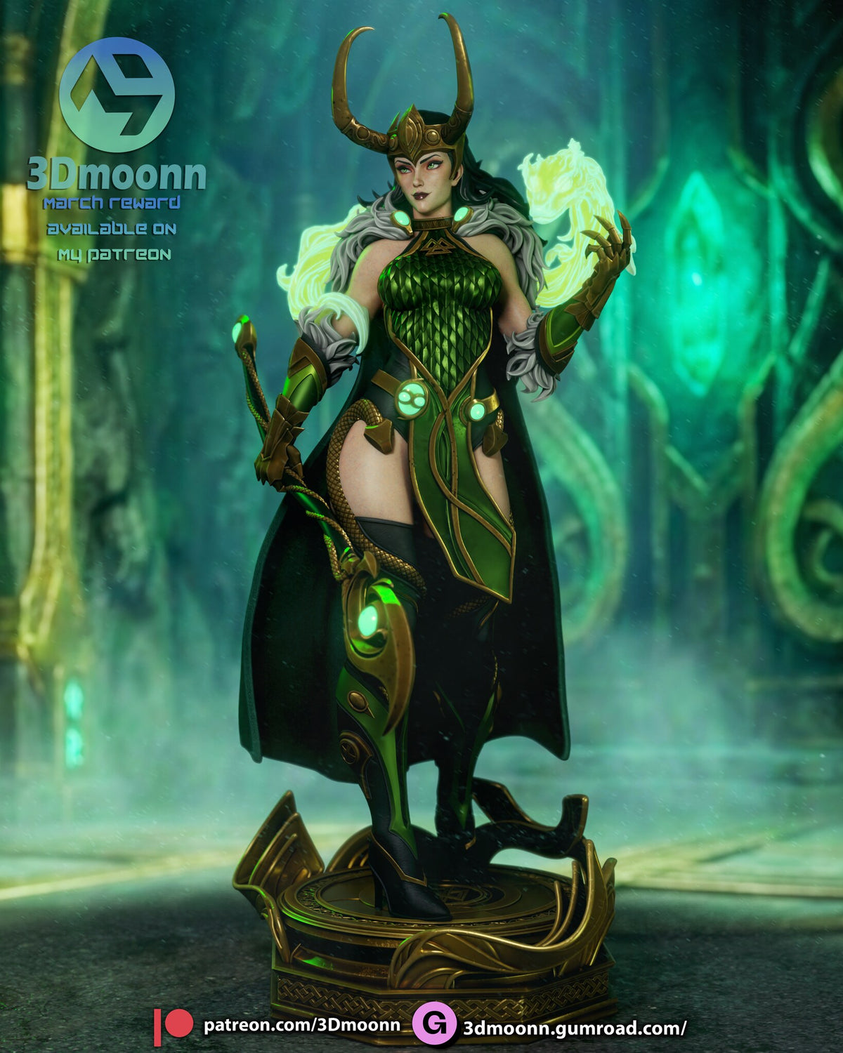 Sculptor's render of the painted design (kit ships unpainted): straight front view of the horned sorceress with her sceptre on the round gold base