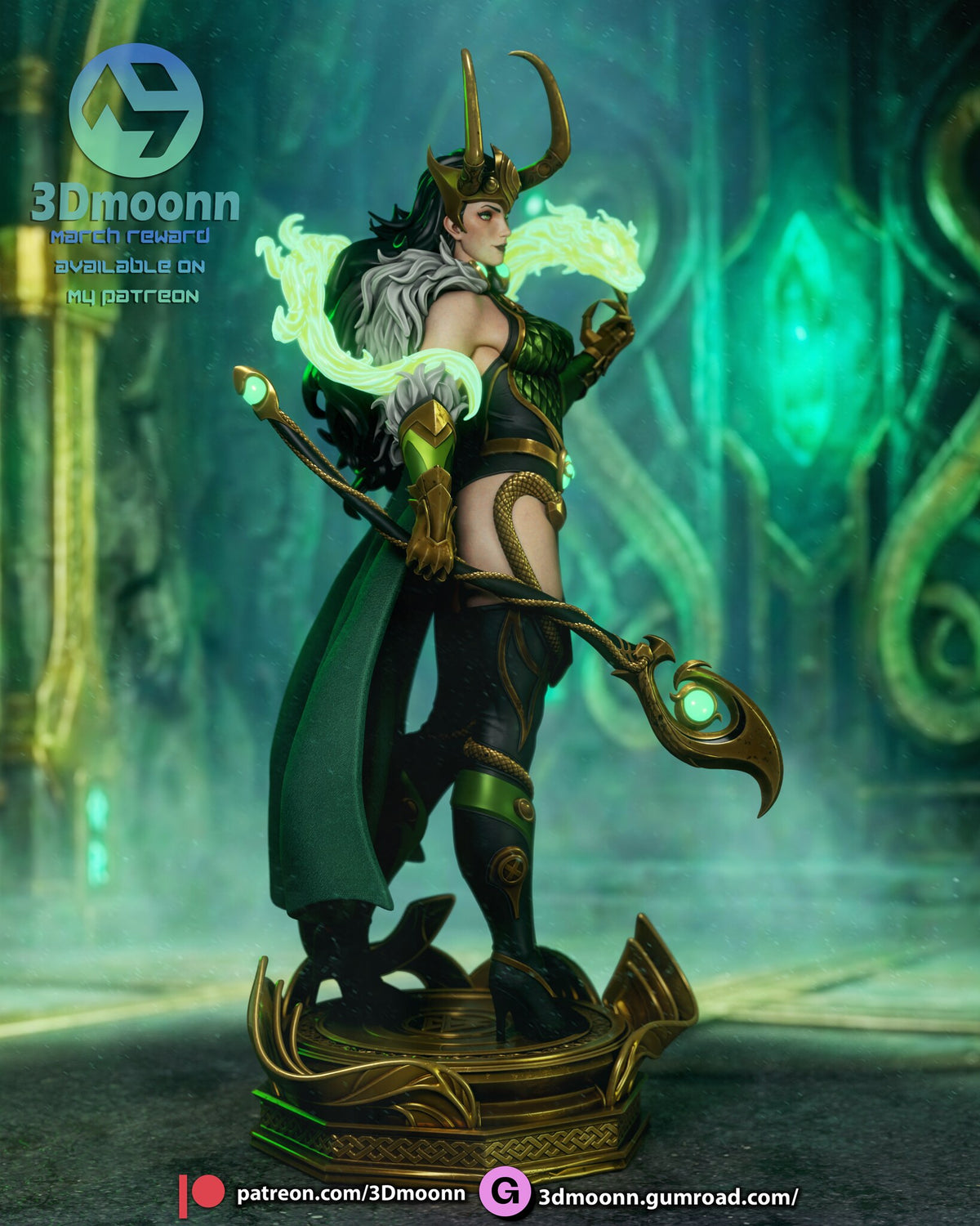 Sculptor's render (kit ships unpainted): three-quarter view from her left, showing the hooked sceptre blade beside the knee