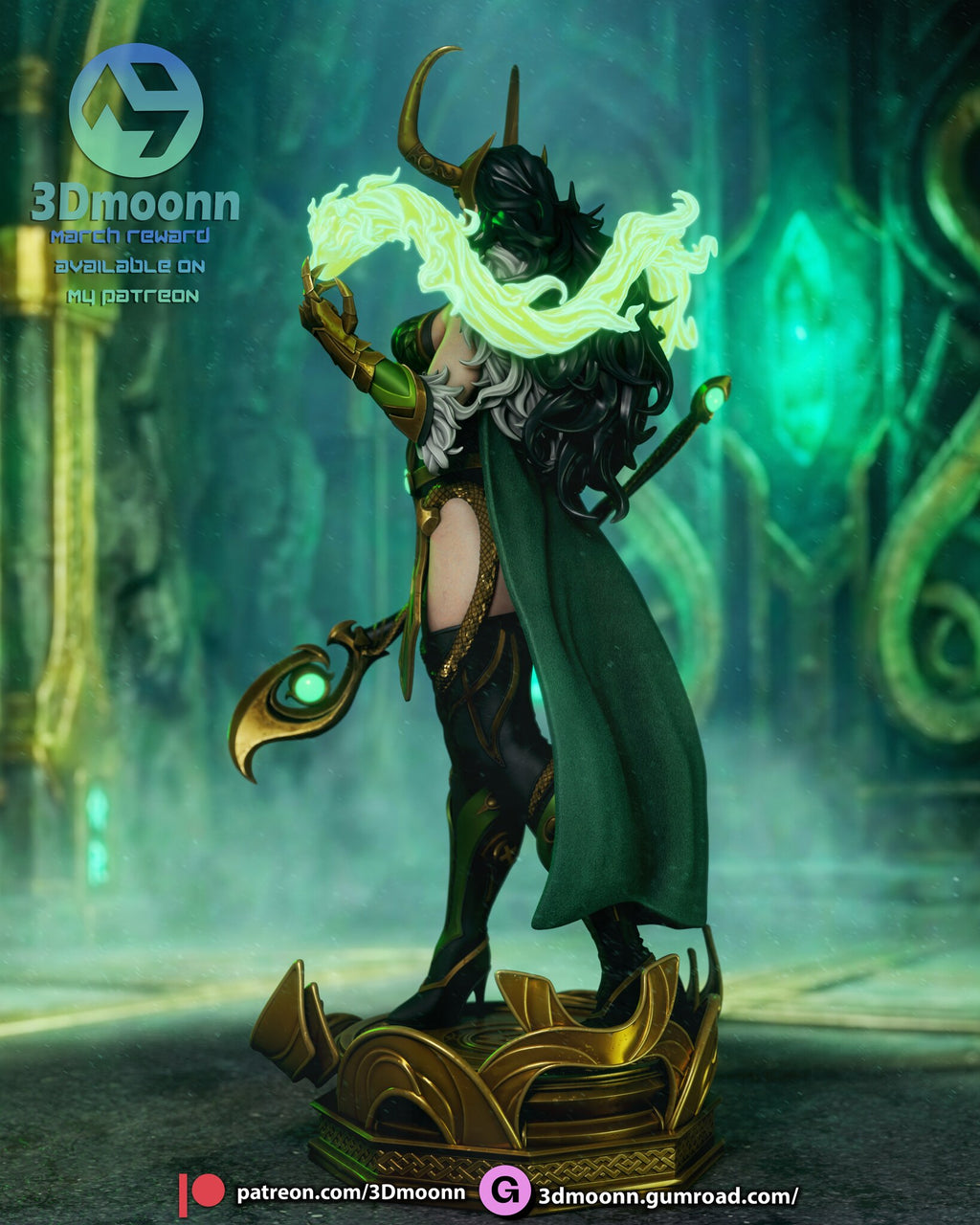 Sculptor's render (kit ships unpainted): rear three-quarter view with the long black hair and the dark green cape