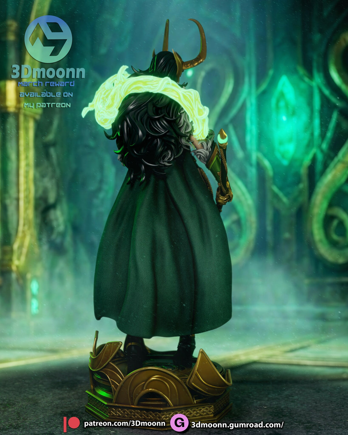 Sculptor's render (kit ships unpainted): straight rear view showing the full cape and the gold rim ornaments