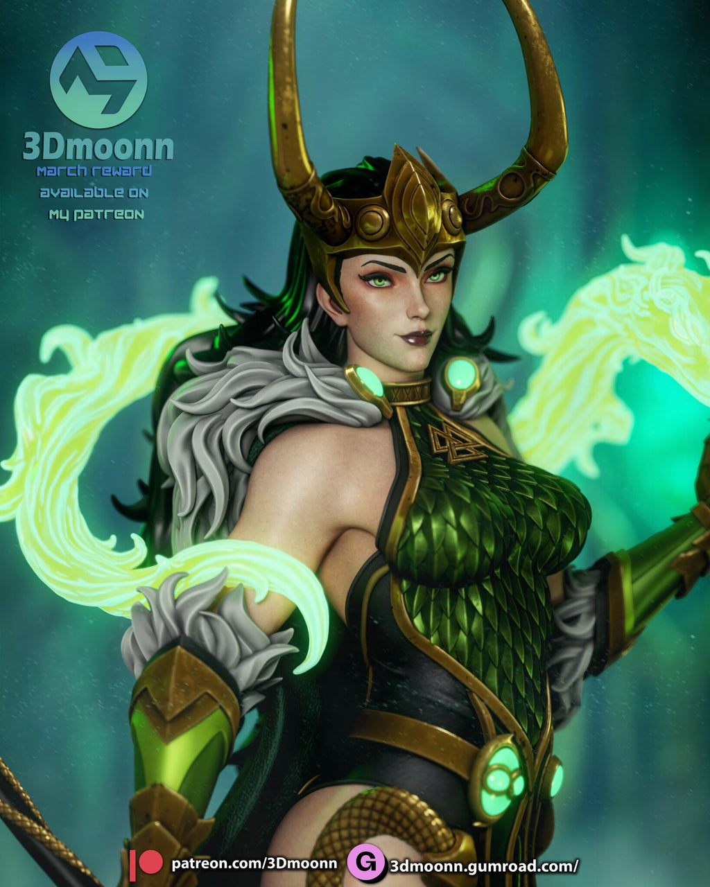 Sculptor's render (kit ships unpainted): close-up of the face, horned gold helm and gray fur collar
