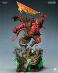 Sculptor's render of the painted design (kit ships unpainted): front view of the red-skinned demon hero leaping over the graveyard base, flaming sword raised and stone fist thrown forward