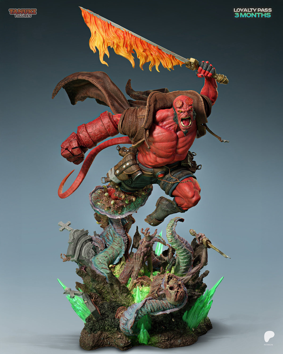 Sculptor's render of the painted design (kit ships unpainted): front view of the red-skinned demon hero leaping over the graveyard base, flaming sword raised and stone fist thrown forward