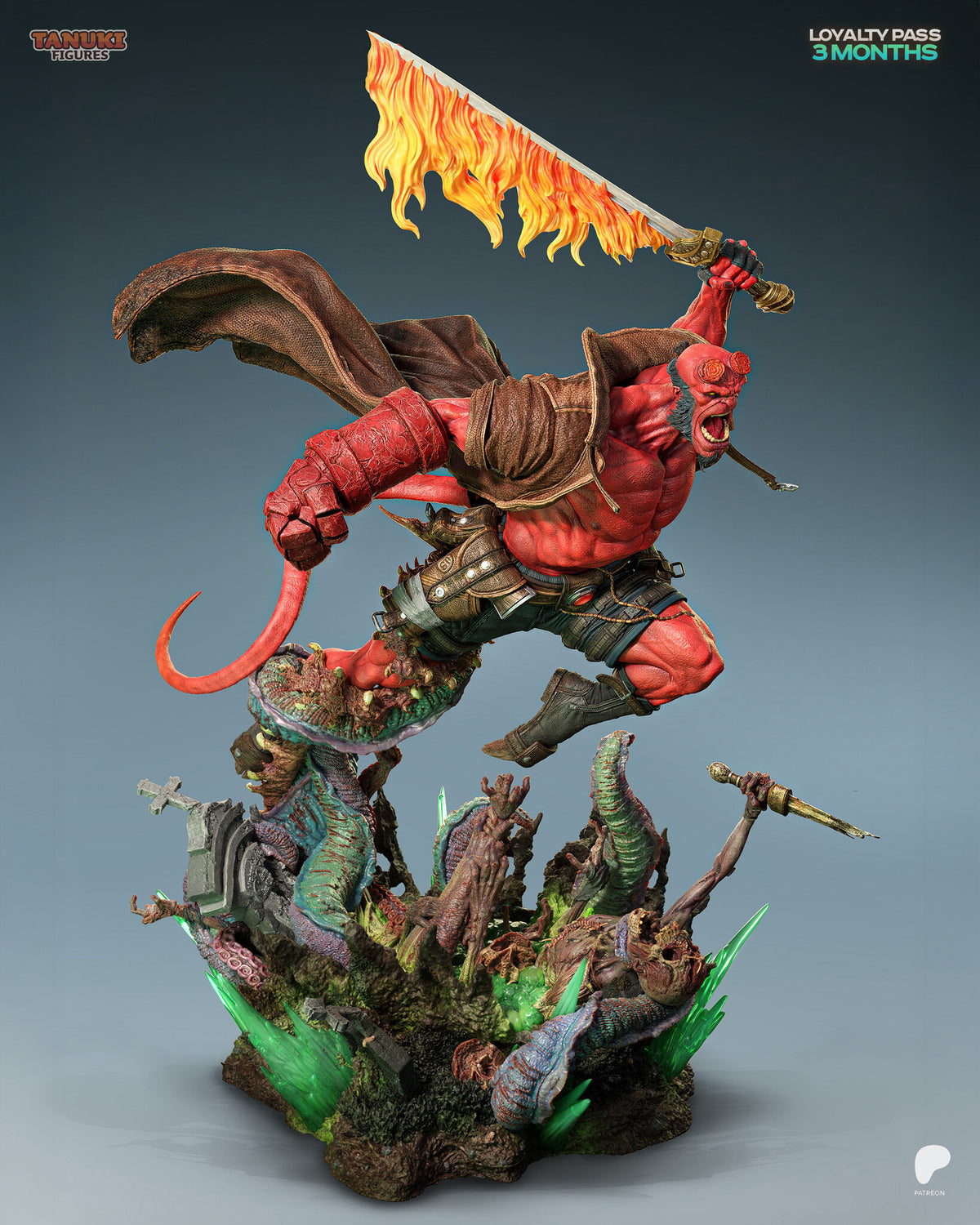 Sculptor's render (kit ships unpainted): three-quarter view from his right, his leg caught in a fanged serpent's mouth, coat flying and tail curled