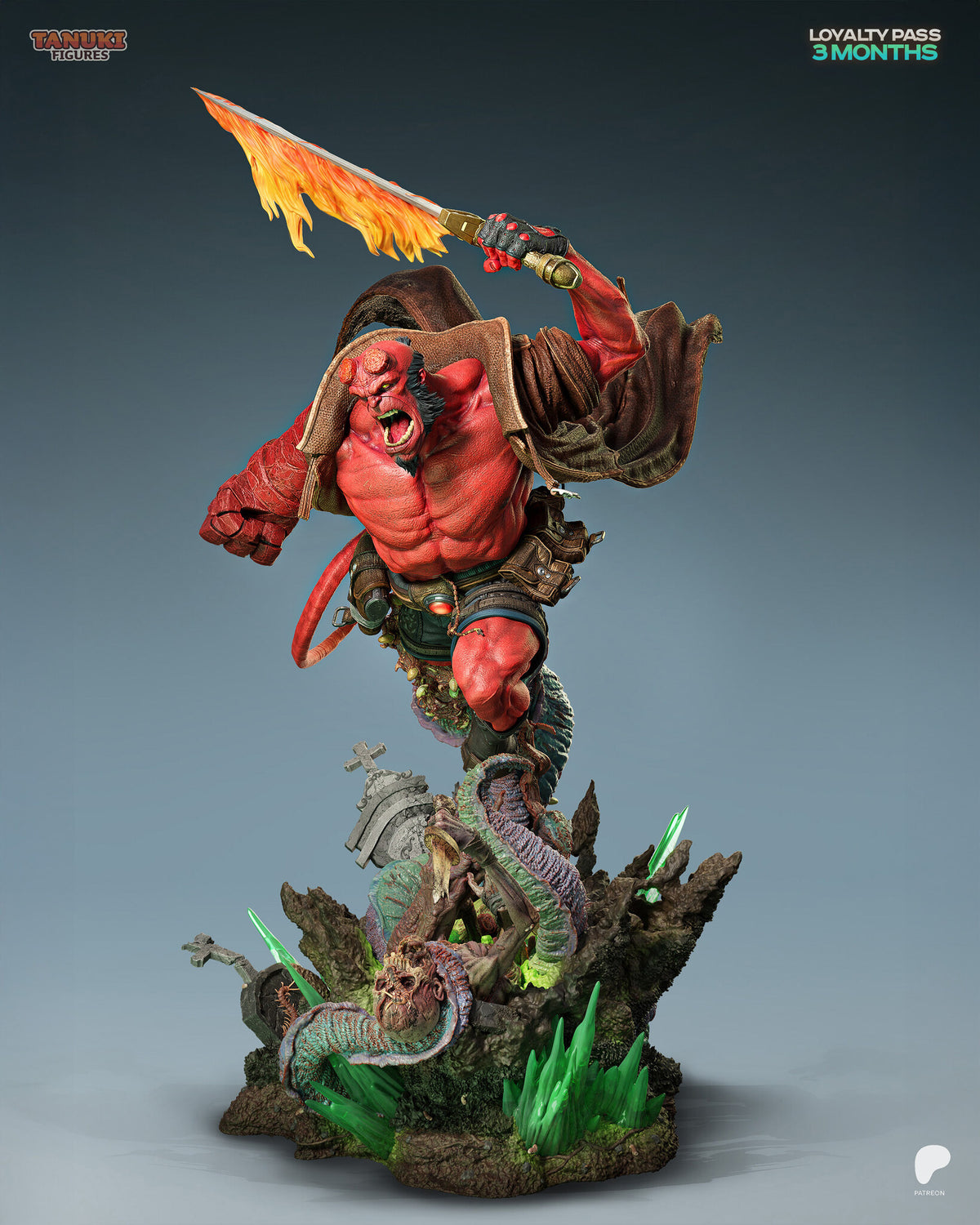 Sculptor's render (kit ships unpainted): three-quarter view from his left with the roaring face, a skull-faced corpse and crystal spikes on the base