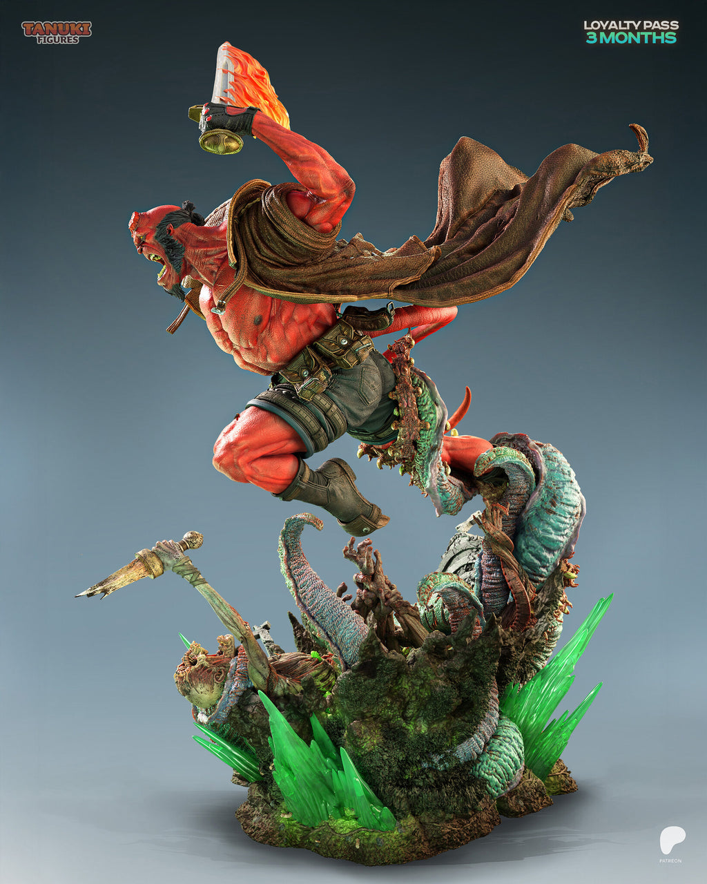 Sculptor's render (kit ships unpainted): side view from behind his left shoulder, the coat streaming back over a mossy base and the corpse's raised dagger