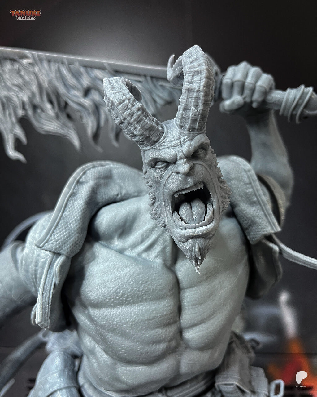 Studio photo of the unpainted test print (kit ships unpainted): close-up of the included head with long ridged curled horns