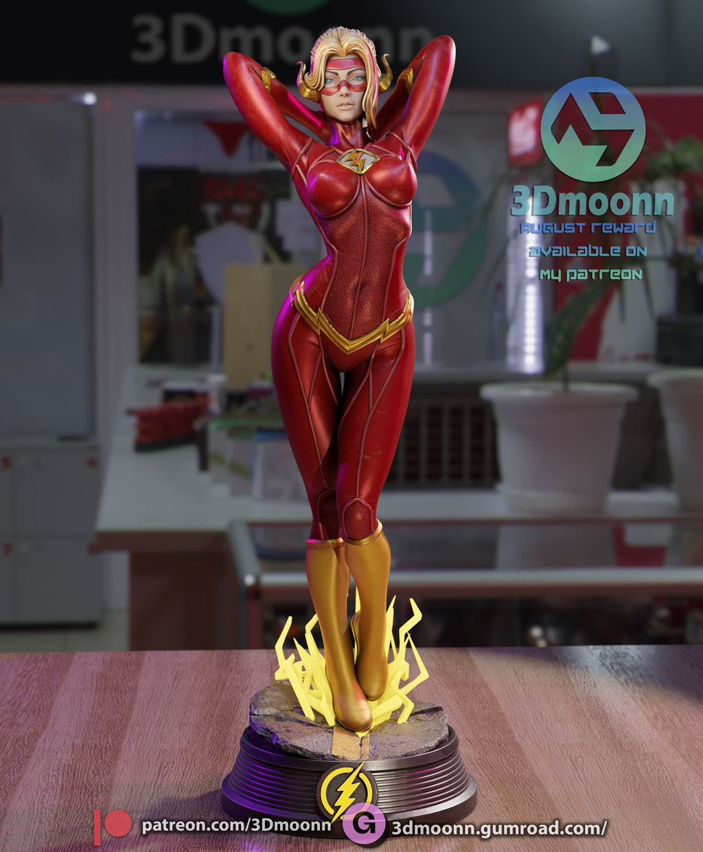 Sculptor's render of the painted design (kit ships unpainted): front view of the heroine in the red bodysuit, hands behind her head, standing in a lightning burst on the round plinth