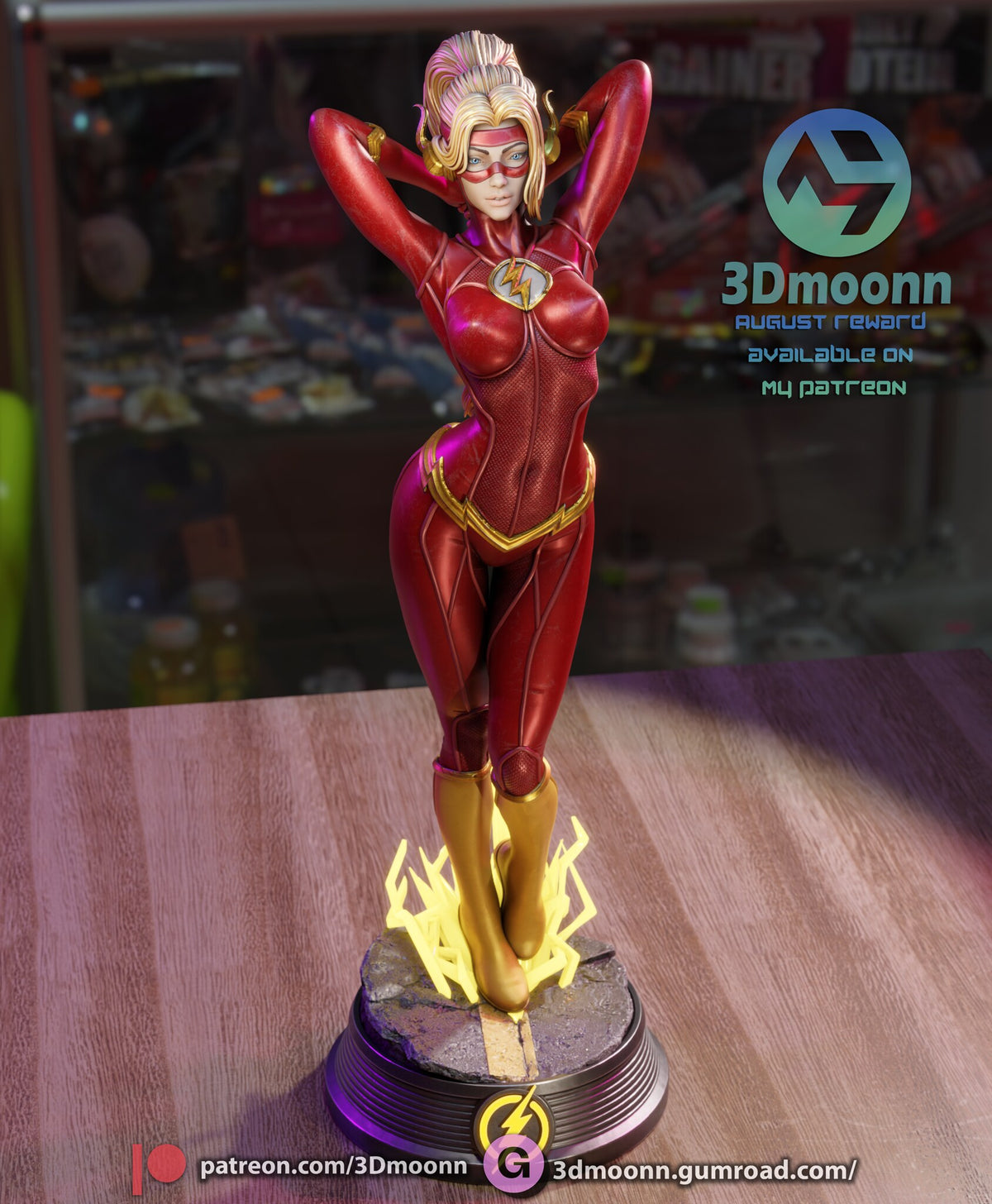 Sculptor's render (kit ships unpainted): high front view of her face, the chest emblem and the cracked slab