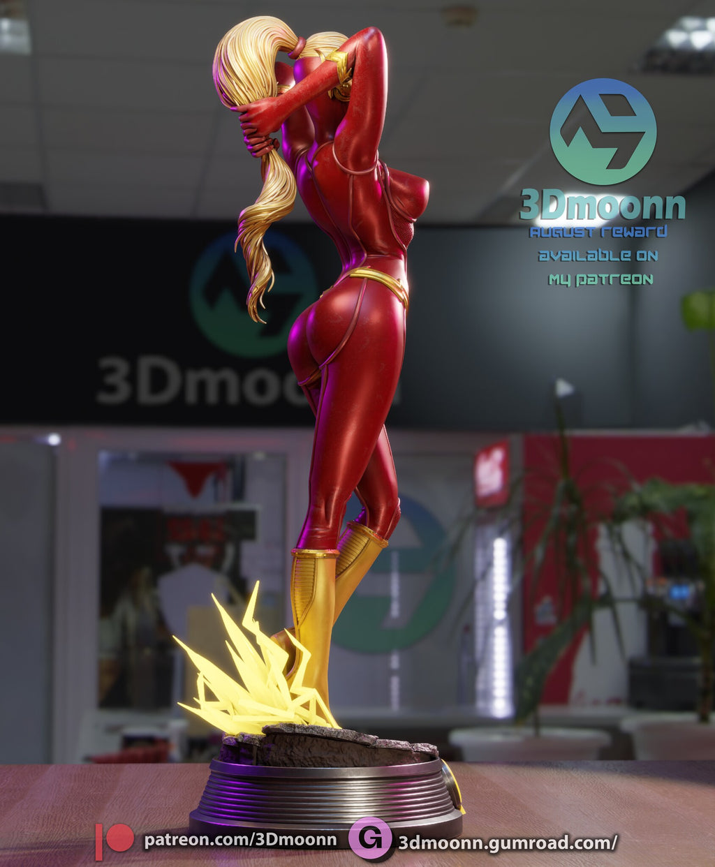 Sculptor's render (kit ships unpainted): low rear three-quarter view with the lightning spraying out behind her boots