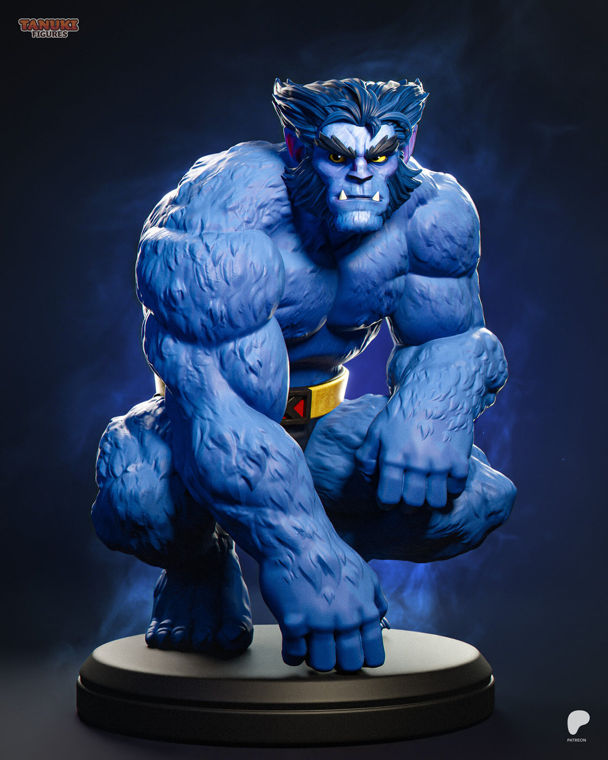 Sculptor's render of the painted design (kit ships unpainted): the toon-style blue-furred hero crouching on the round base, glaring at the viewer with one fist planted
