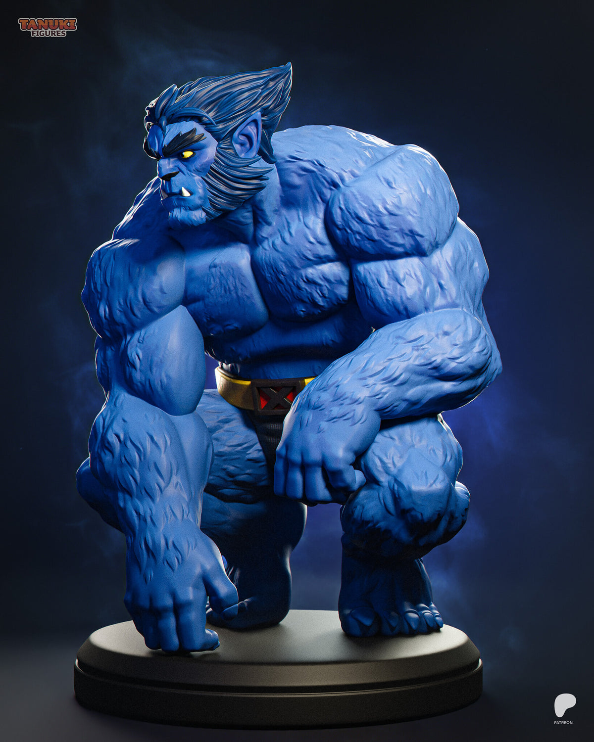 Sculptor's render (kit ships unpainted): three-quarter view with the head in profile and the X emblem buckle face-on