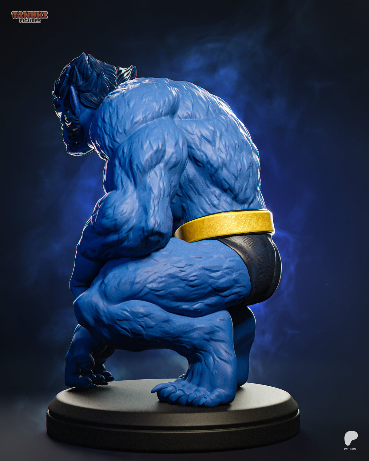 Sculptor's render (kit ships unpainted): rear three-quarter view of the furred back, gold belt and dark trunks