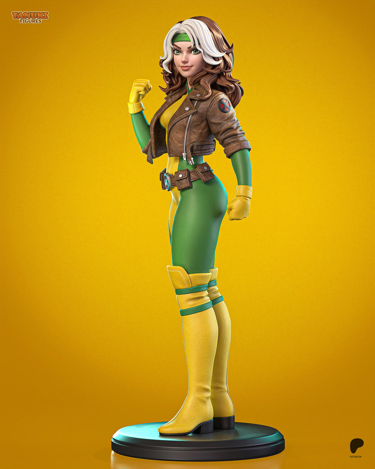 Sculptor's render of the painted design (kit ships unpainted): full view of the toon-style heroine on a round base in a cropped brown leather jacket, green-and-yellow suit and yellow thigh-high boots, one gloved fist raised