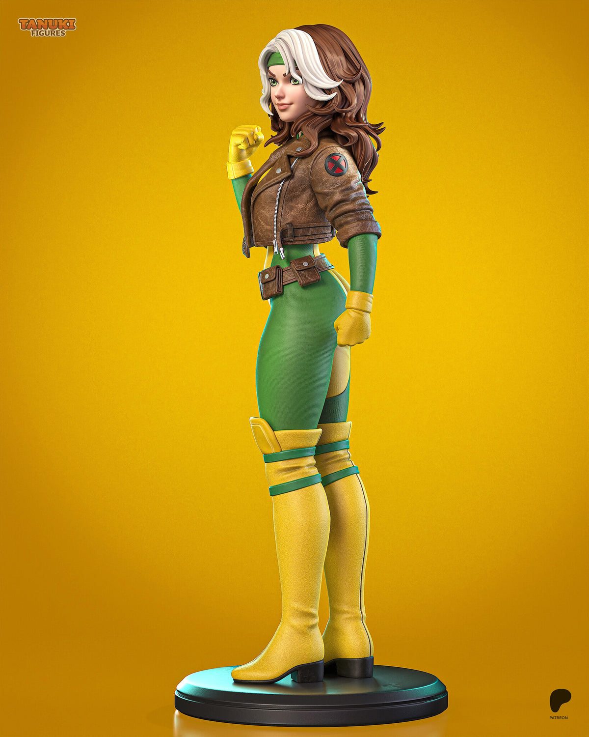 Sculptor's render (kit ships unpainted): side view with her head turned toward the camera and the emblem patch on the jacket sleeve