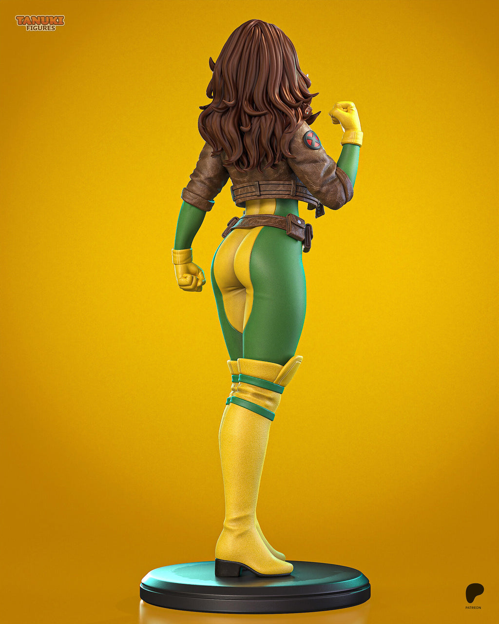 Sculptor's render (kit ships unpainted): rear full view of the long wavy brown hair over the cropped jacket and the yellow boots