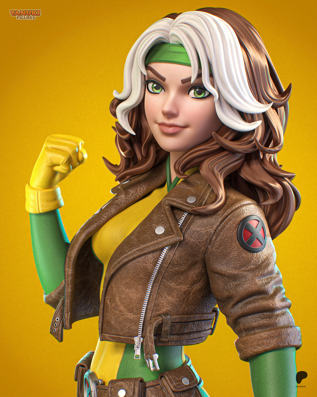 Sculptor's render (kit ships unpainted): close-up of the smirking face with green eyes, the white forelock and green headband, and the leather jacket's zipper and snaps