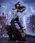 Sculptor's render of the painted design (kit ships unpainted): front full view of the figure in the black-and-white web suit and red mask, crouched on the gargoyle pillar with web strands looping from both hands