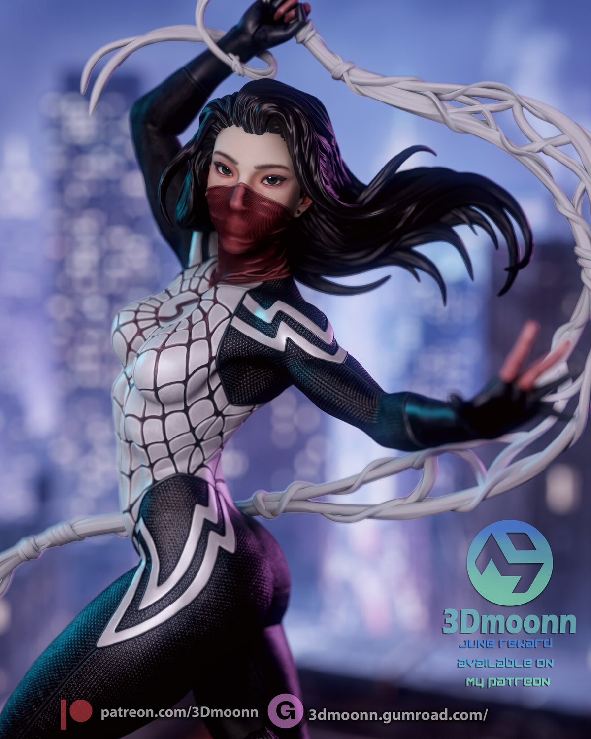 Sculptor's render (kit ships unpainted): close-up of the masked face, the streaming hair and the white chest panel