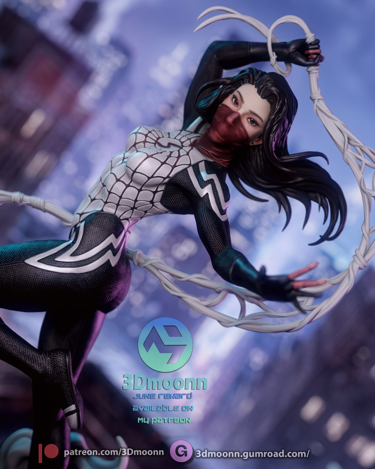 Sculptor's render (kit ships unpainted): close view of the raised arm, the web strands and the hair