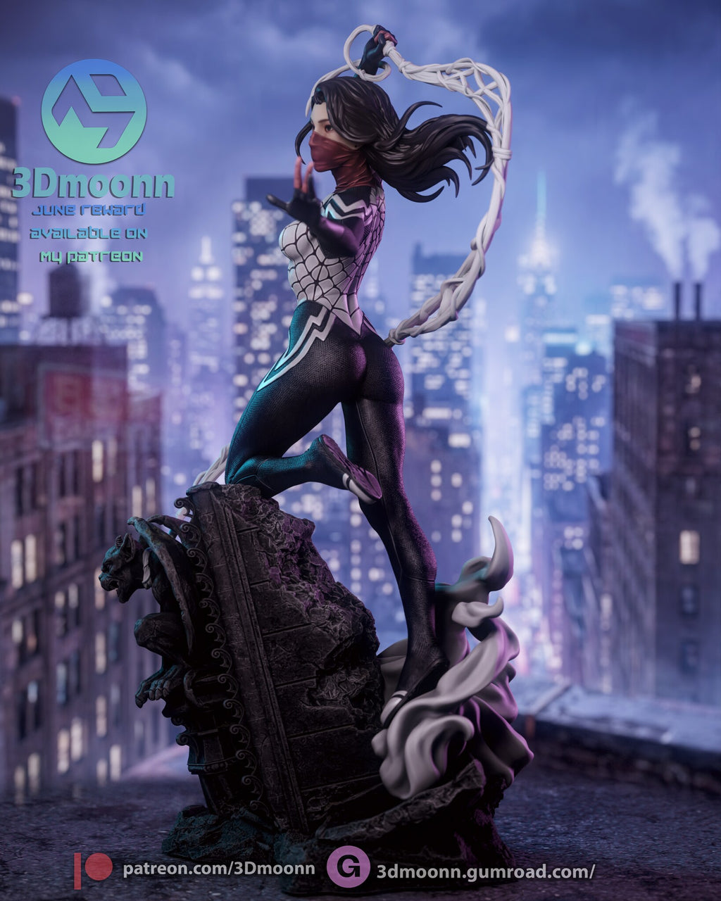 Sculptor's render (kit ships unpainted): side view of the crouch on the pillar, with the gargoyle and the smoke