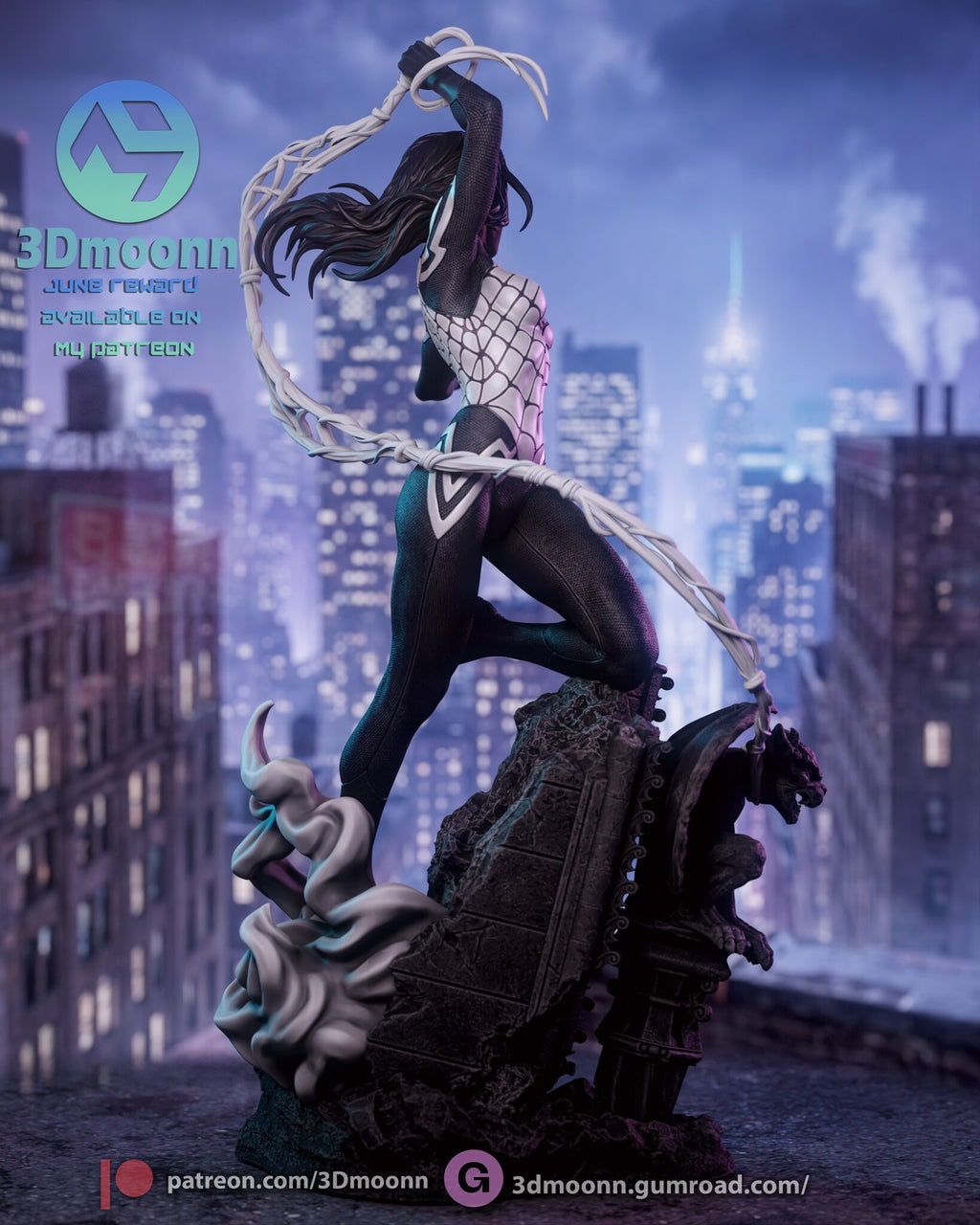 Sculptor's render (kit ships unpainted): rear view of the back panel, the hair and the web loop around the base