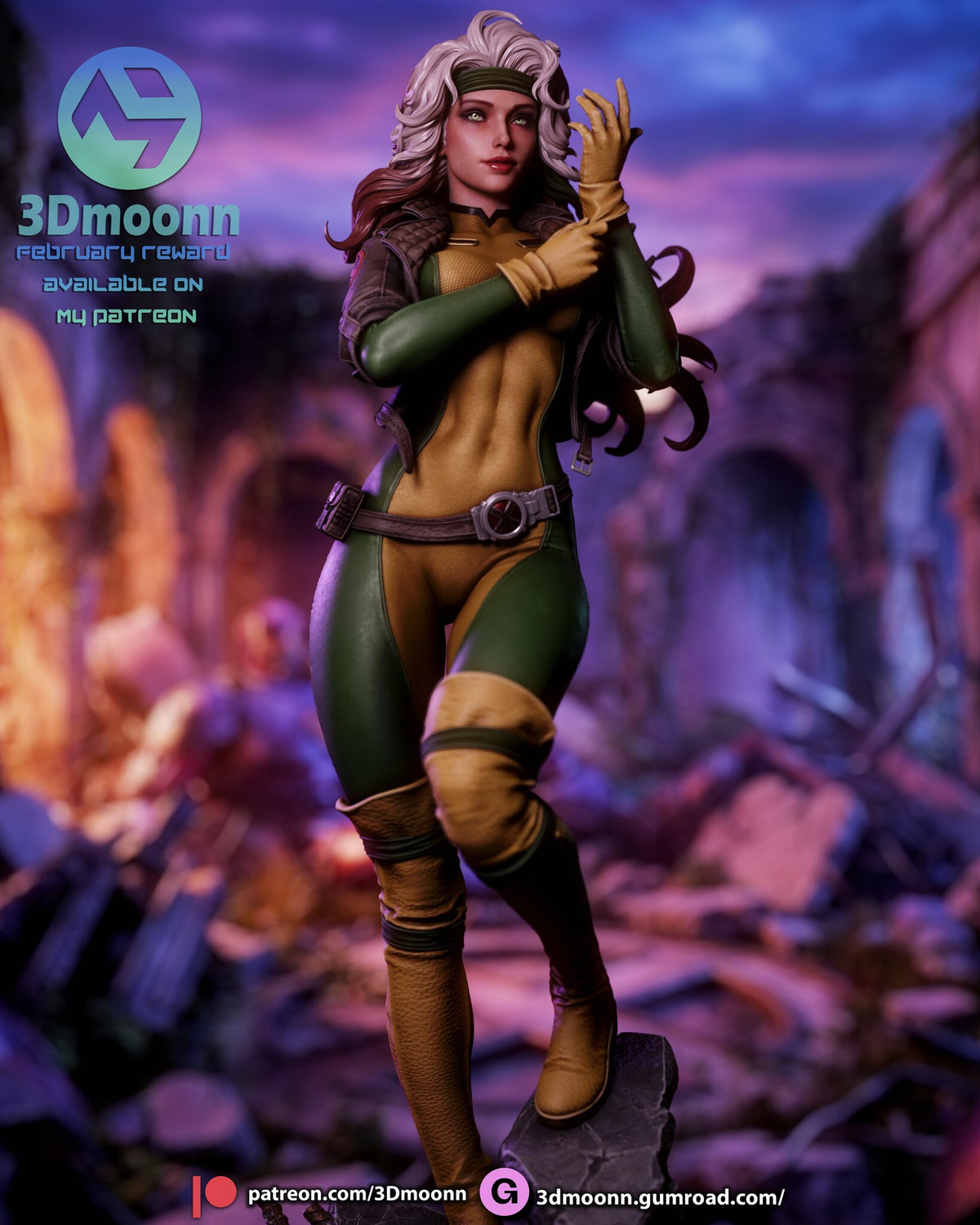 Sculptor's render (kit ships unpainted): front view from the rocks up, showing the face, two-tone hair, cropped jacket and suit