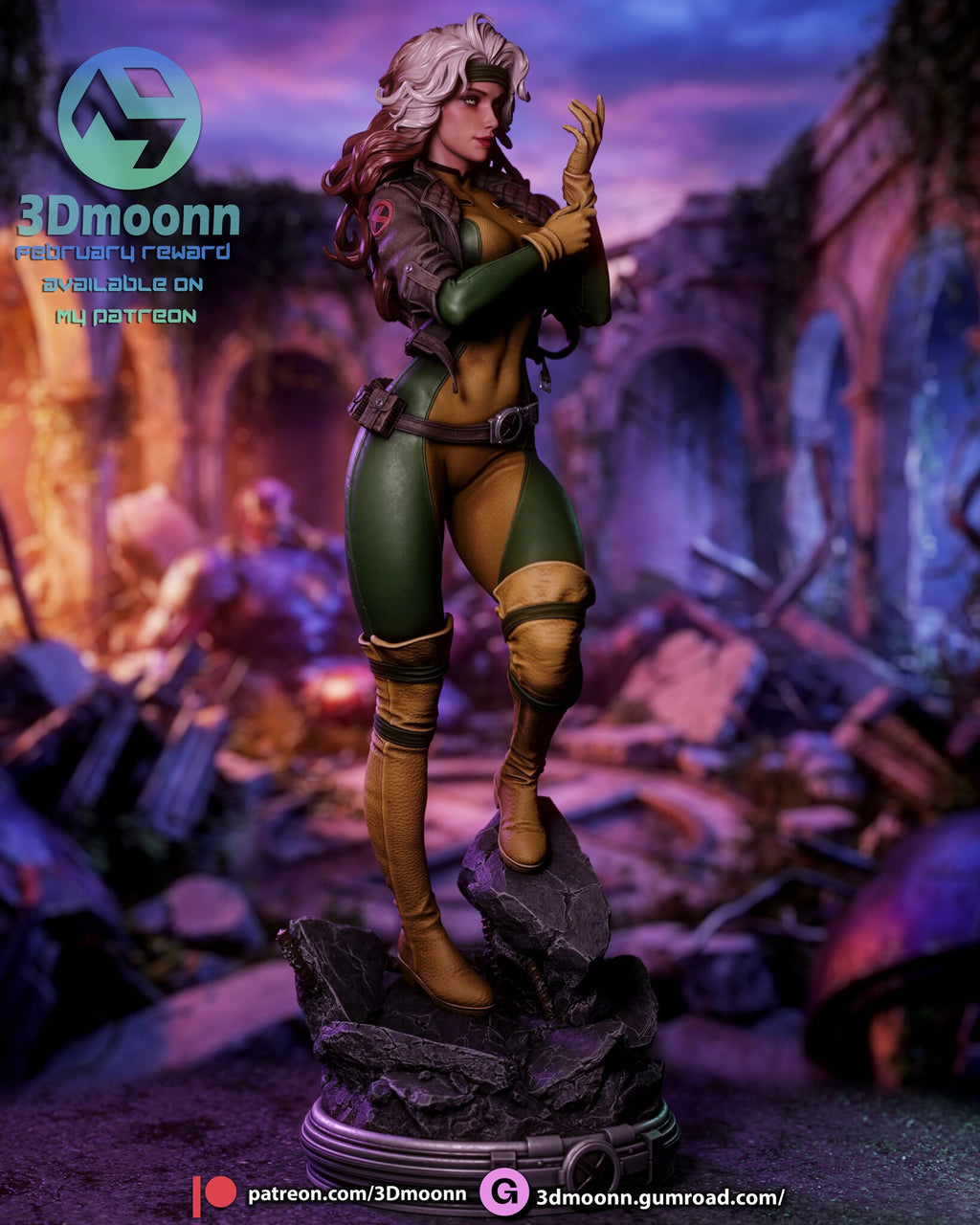 Sculptor's render (kit ships unpainted): front-right view showing the suit panels, belt and thigh-high boots on the rocks