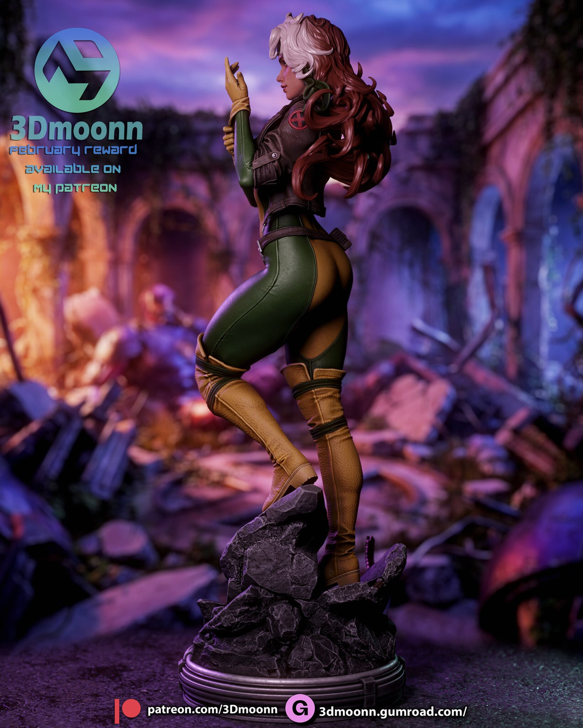 Sculptor's render (kit ships unpainted): rear three-quarter view with the long auburn hair blowing out and the back of the cropped jacket