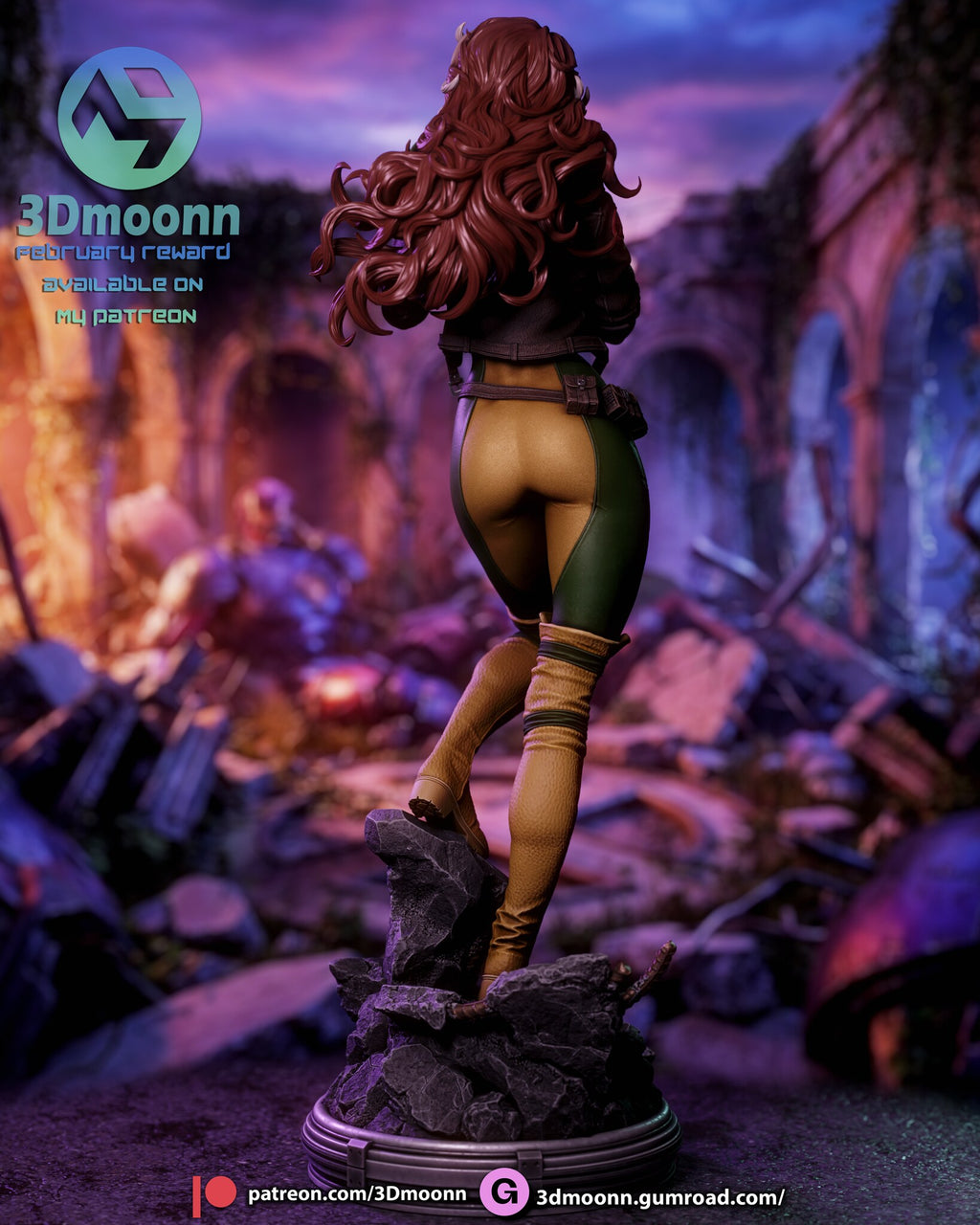 Sculptor's render (kit ships unpainted): rear view of the full hair sculpt, jacket back, belt pouches and boots
