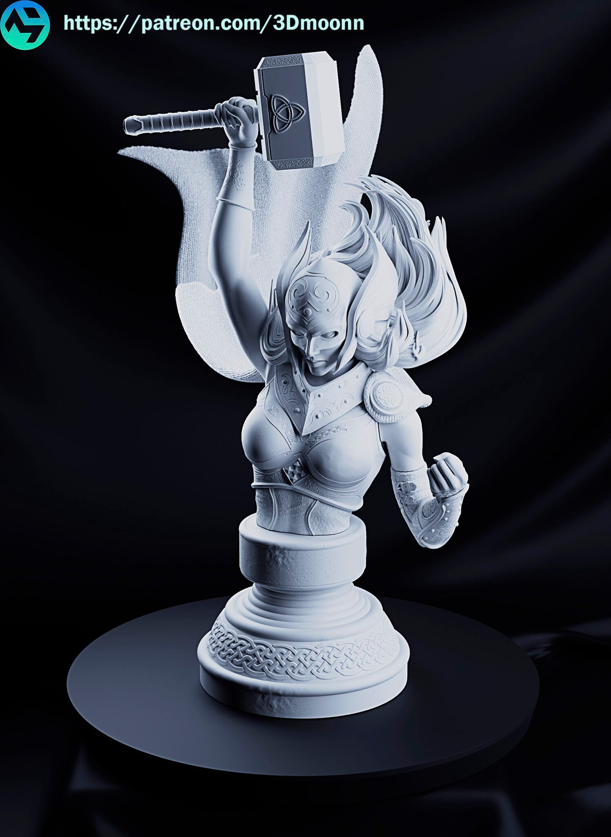 Sculptor's render of the painted design (kit ships unpainted): the bust version in unpainted gray, winged helmet, raised arm with the plain hammer and short cape, on its round knotwork pedestal
