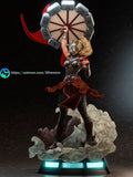 Sculptor's render of the painted design (kit ships unpainted): front view of the helmeted figure with the spinning hammer ring overhead, standing in swirling cloud on the glowing plinth