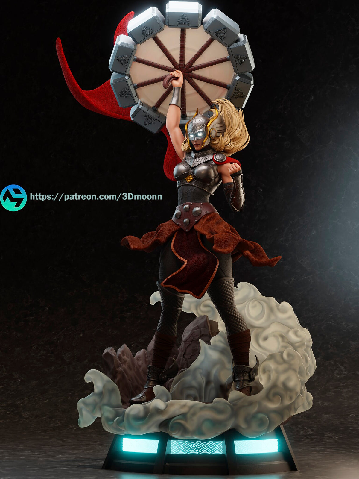 Sculptor's render of the painted design (kit ships unpainted): front view of the helmeted figure with the spinning hammer ring overhead, standing in swirling cloud on the glowing plinth