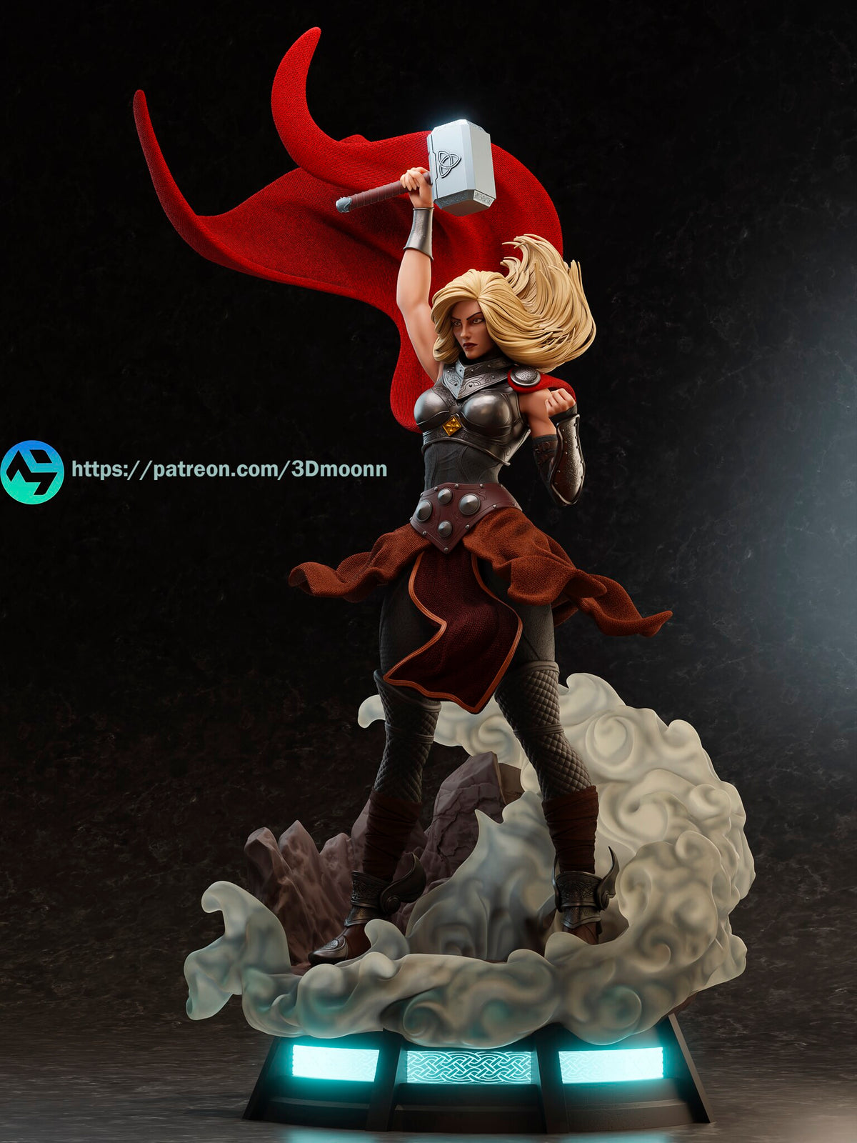 Sculptor's render (kit ships unpainted): the figure with the bare head, raising the plain hammer, red cape streaming behind her