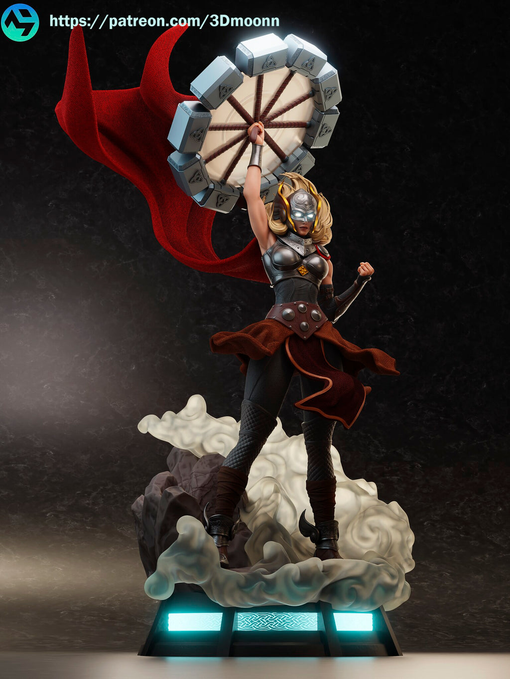 Sculptor's render (kit ships unpainted): straight front view of the figure with the helmet, showing the breastplate, belt and the three glowing base panels