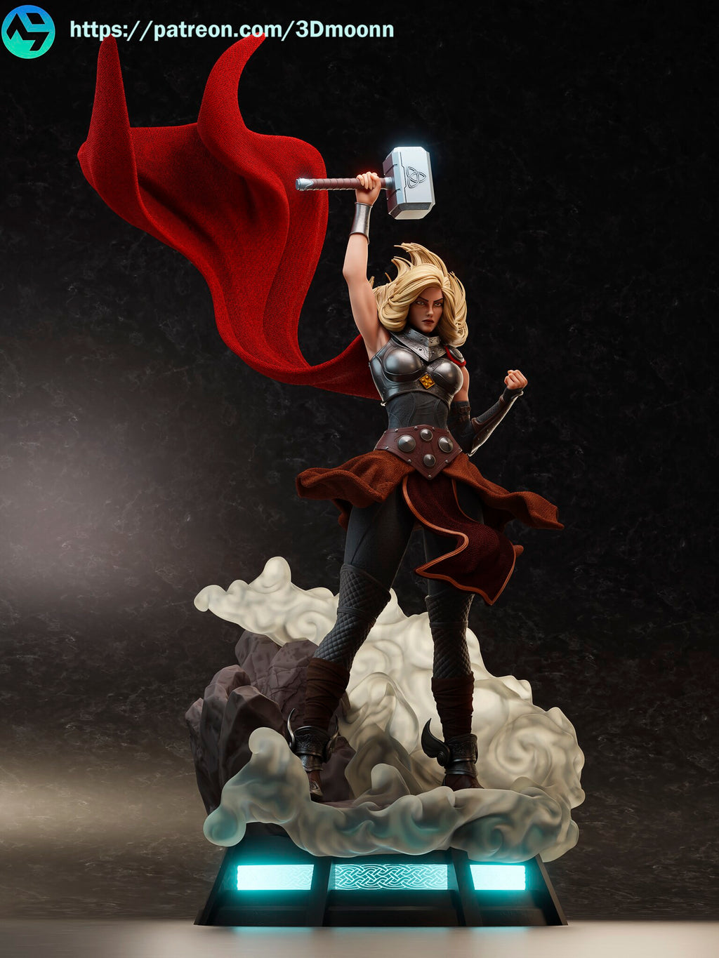 Sculptor's render (kit ships unpainted): straight front view of the figure with the bare head with the plain hammer and the full spread of the cape