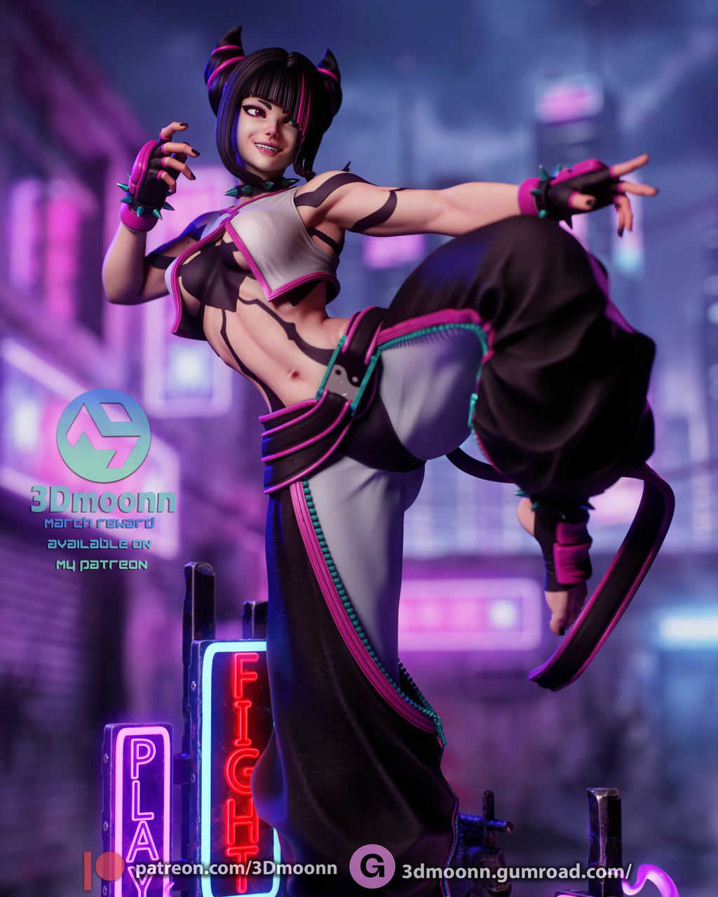 Sculptor's render (kit ships unpainted): front view of the fighter from her buns to her shins, raised knee forward, with the neon signs below