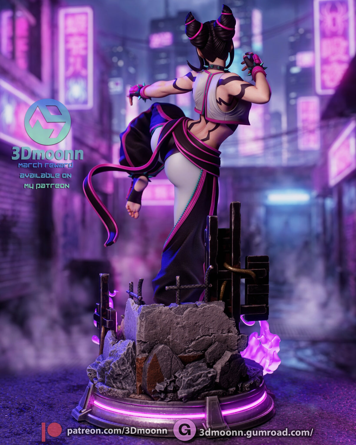 Sculptor's render (kit ships unpainted): rear view of the full figure, showing the hair buns, the back markings, the sash tail and the rubble block