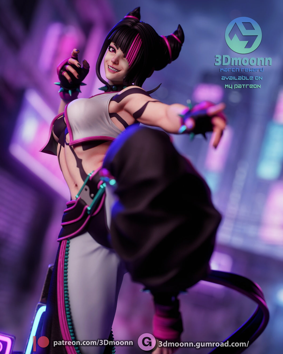 Sculptor's render (kit ships unpainted): low-angle close-up of her grinning face with a pink streak over one eye