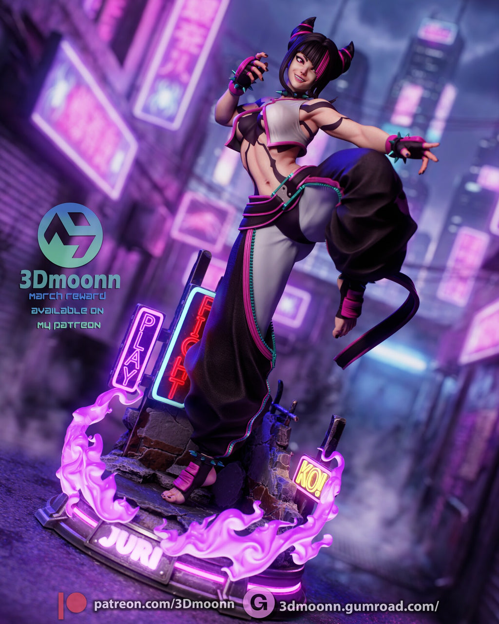 Sculptor's render (kit ships unpainted): low three-quarter view with the neon signs and flames in the foreground