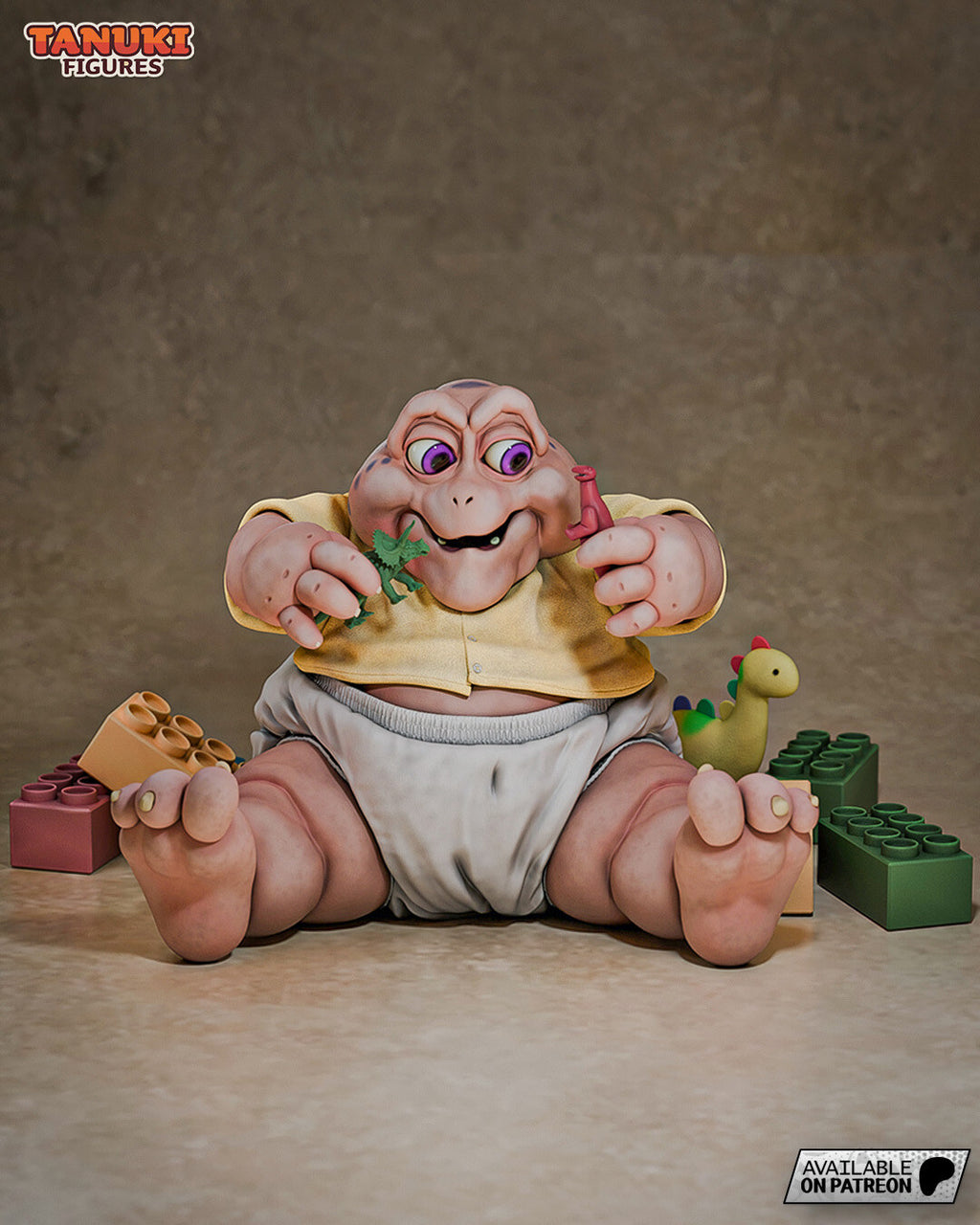 Sculptor's render of the painted design (kit ships unpainted): front view of the baby dinosaur sitting with his legs splayed, a toy dinosaur in each fist, with toy bricks and a plush dino around him
