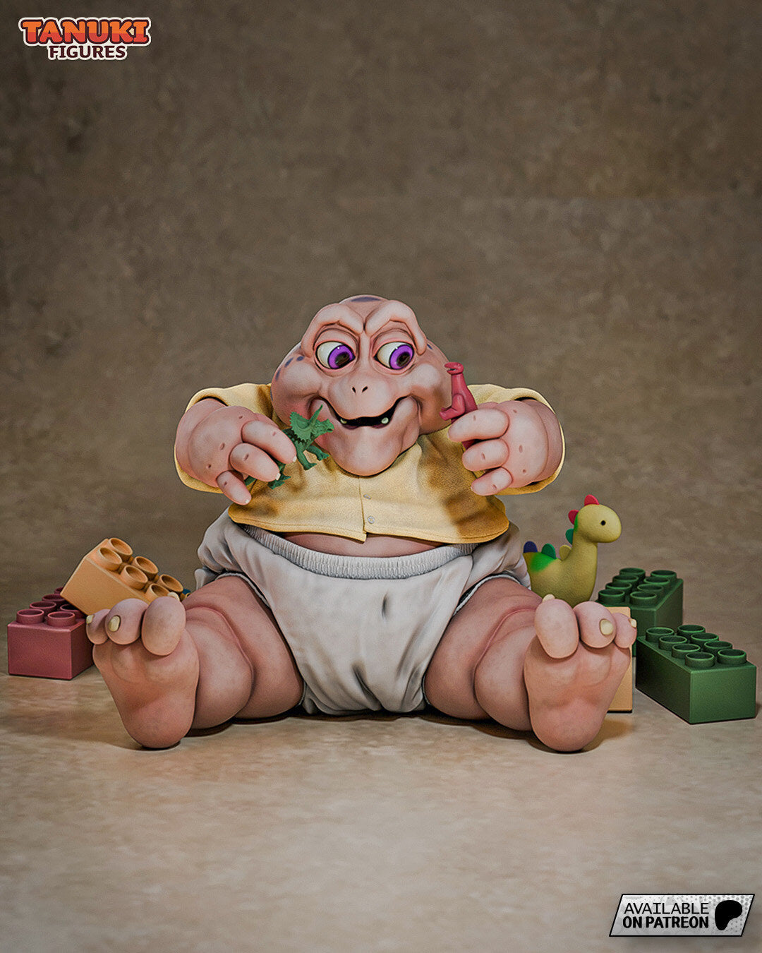 Sculptor's render of the painted design (kit ships unpainted): front view of the baby dinosaur sitting with his legs splayed, a toy dinosaur in each fist, with toy bricks and a plush dino around him