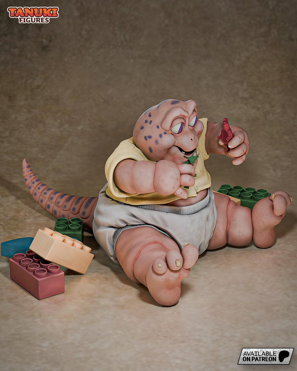Sculptor's render (kit ships unpainted): three-quarter view from his right, with his spotted tail stretched along the floor