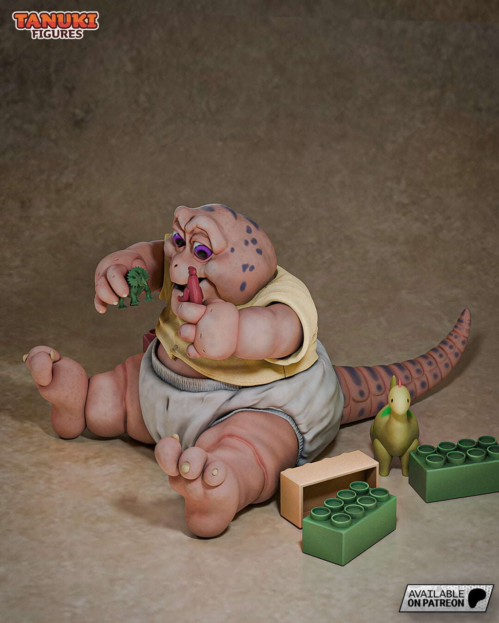 Sculptor's render (kit ships unpainted): three-quarter view from his left, holding a red toy dinosaur to his mouth, with the plush dino and bricks beside him