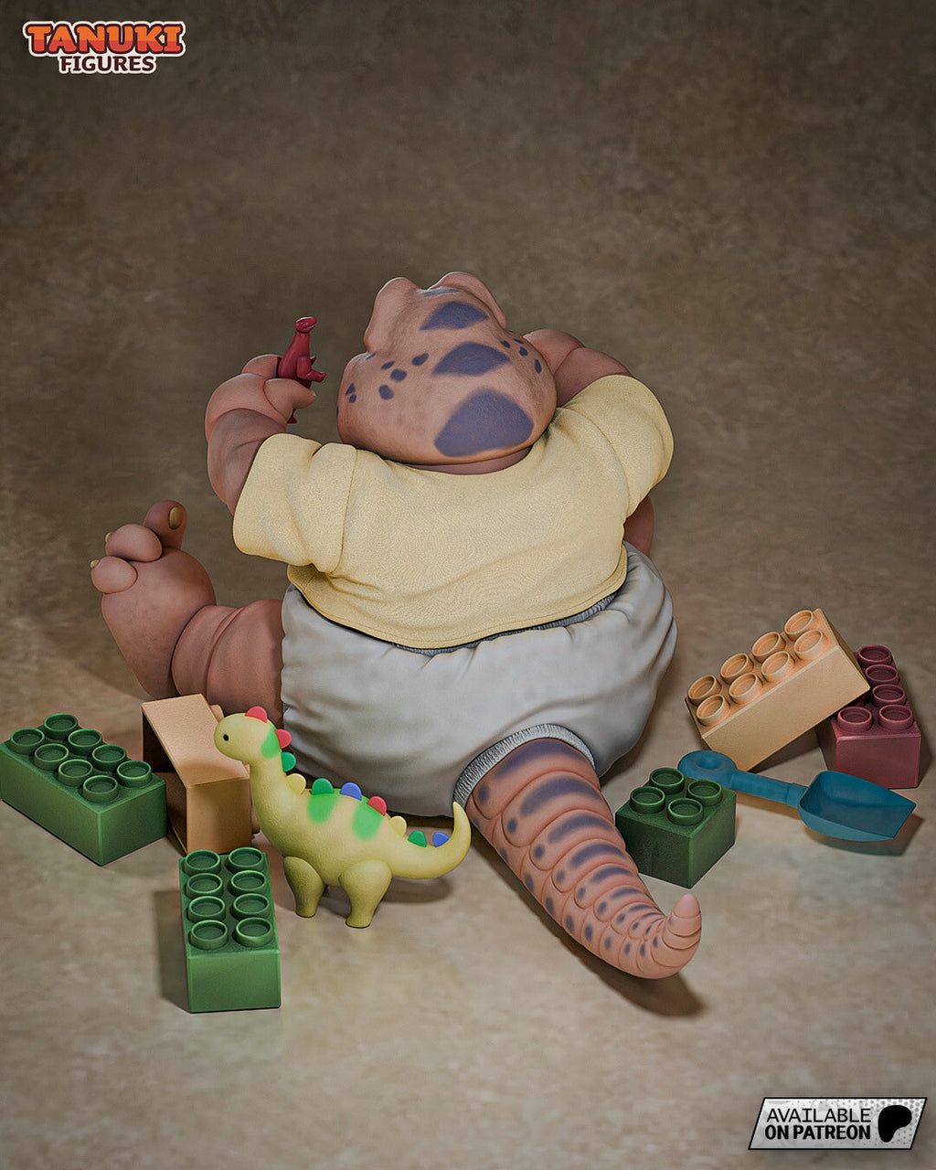 Sculptor's render (kit ships unpainted): back view from above showing the spots on his head, his curled tail and the toys around him