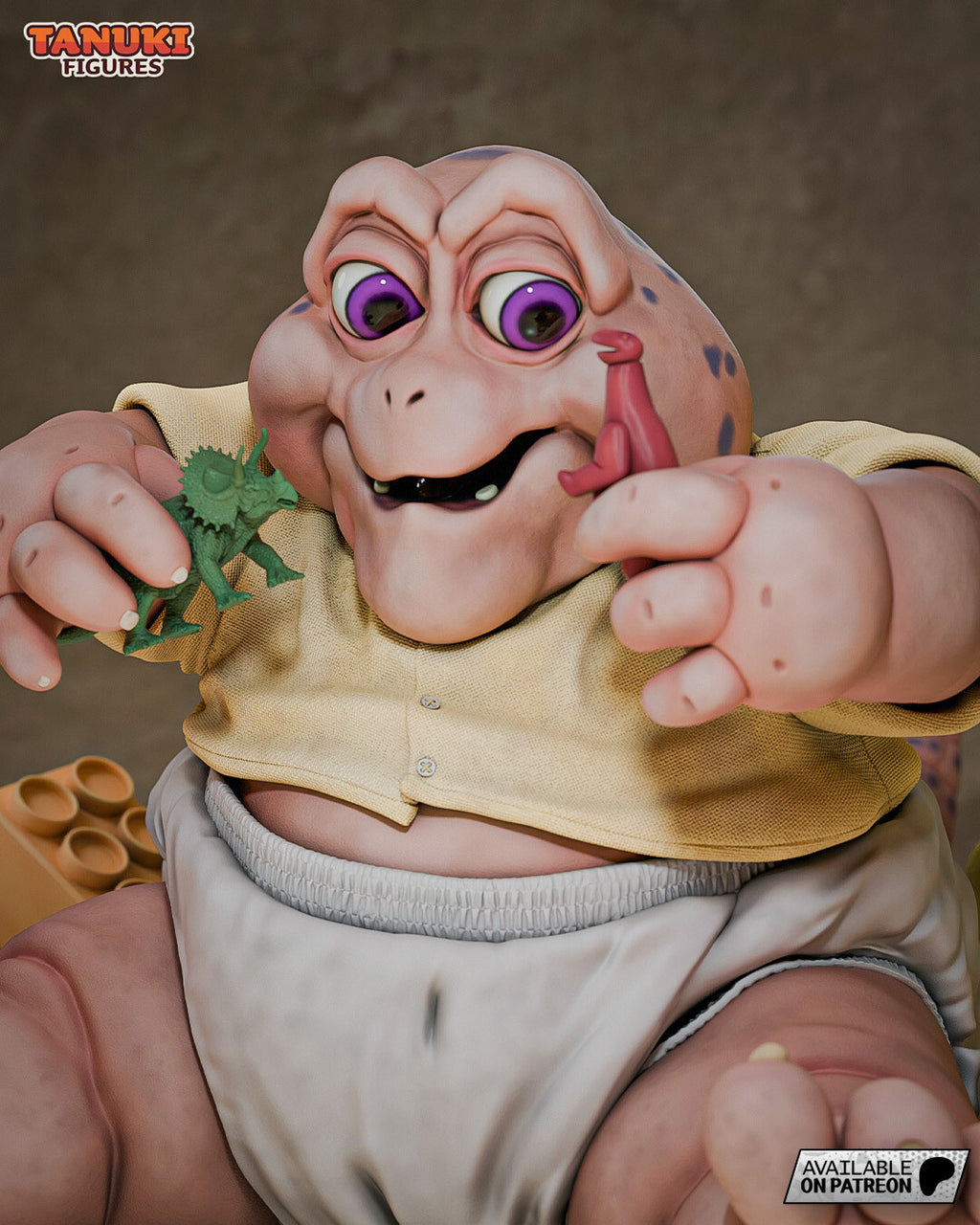 Sculptor's render (kit ships unpainted): close-up of the face with big violet eyes, a frowning brow and an open grin