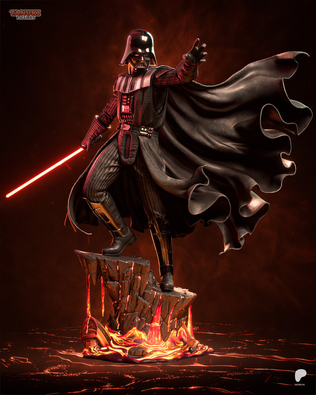 Sculptor's render of the painted design (kit ships unpainted): front view of the statue on the lava cliff, red sword lowered, left hand reaching out and the cape billowing