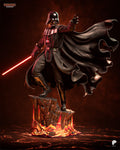 Sculptor's render of the painted design (kit ships unpainted): front view of the statue on the lava cliff, red sword lowered, left hand reaching out and the cape billowing