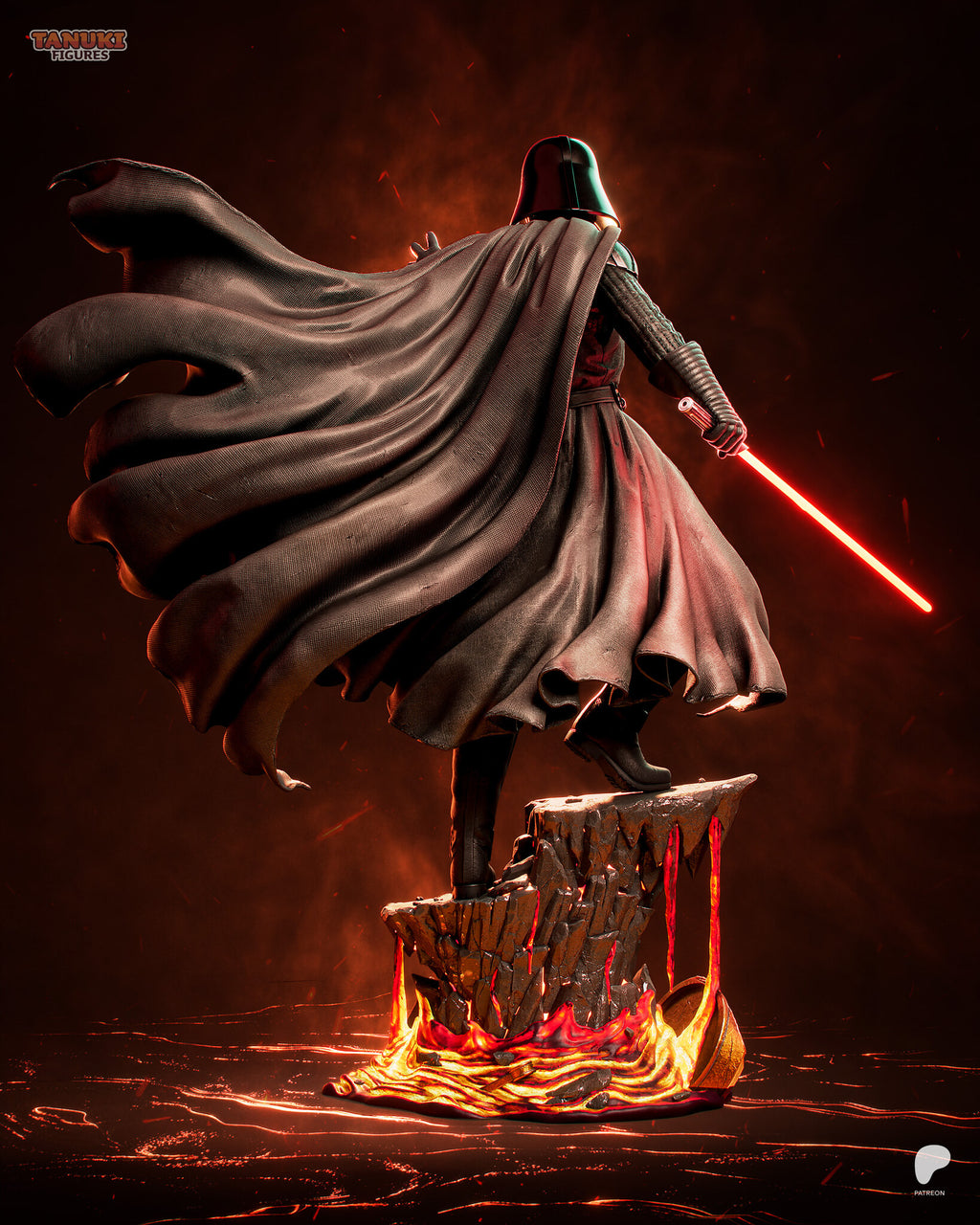 Sculptor's render (kit ships unpainted): rear view of the cape sweeping out to one side and the two lava drips under the overhang